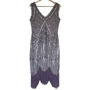 Babeyond 1920s Flapper Dress Silver Sequin Beaded‎ Fringe Gatsby Party Womens XL